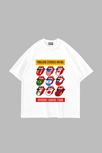 Bak Moda Rolling Stones Tour Printed Oversize Unisex White Tshirt