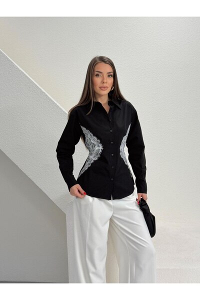 ÇEÇİM Γυναικείο πουκάμισο με λεπτομερή εφαρμογή στη μέση Δαντέλα NSA-58094