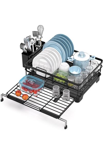 Arabest Expandable Dish Drying Rack, 2-Tier Carbon Steel Kitchen Drainer with...