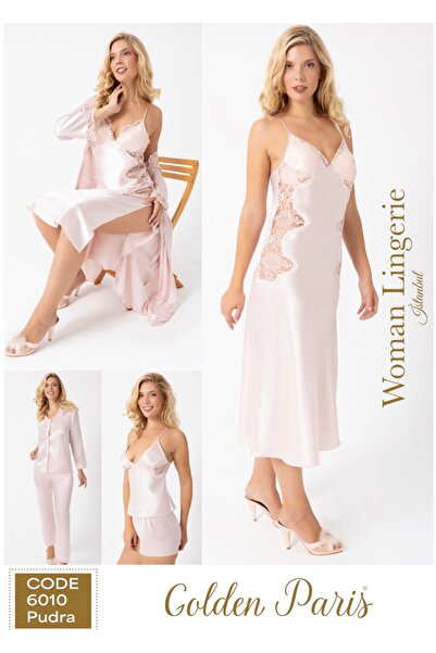 Golden Paris Satin 6 Piece Nightgown and Dressing Gown Set Long Model