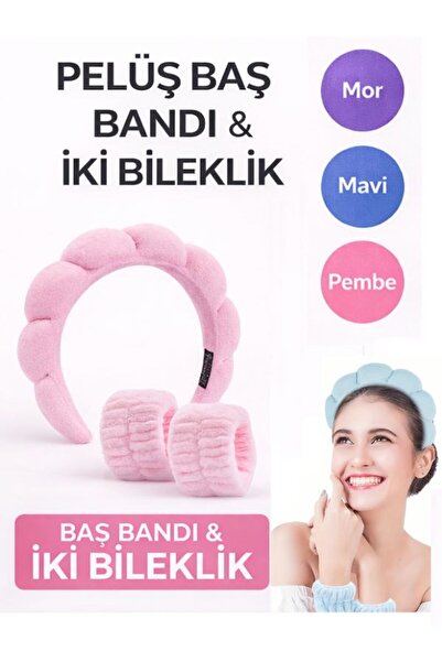 NUNUKO Peluş Saç Bandı & Bileklik Set (Pembe Saç Masaj Fırçası Hediyeli)