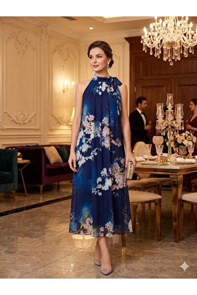 AYASOFYA OTANTIK Kadın İtalyan Lacivert Boyun Bağlamalı İpek Elbise