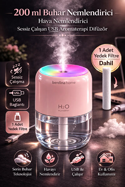 Berdina Home 200 Ml Buhar Nemlendirici USB Hava Nemlendirici Işıklı Sessiz Ça...