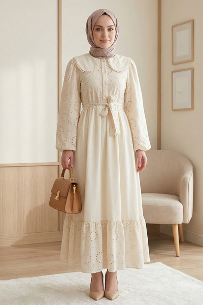FERHEL Hijab Dress with Peter Pan collar Buttons, Eyelet Embroidery Pieces, L...
