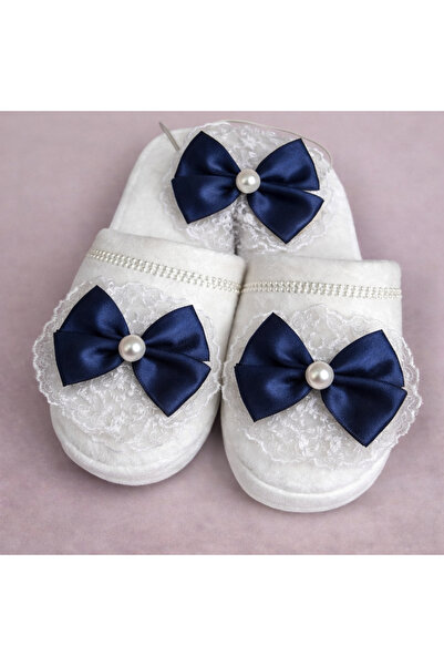 Canbutik طقم تي شيرت للحوامل باللون الأزرق الداكن مزين بفيونكة ولؤلؤة شبشب وط...