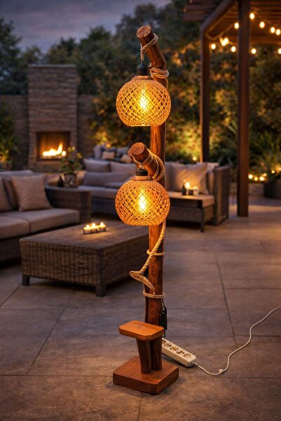 Mutluhan Desing Doğal Ağaç Hasır Başlıklı 2’li Lambader Rustik Boho Salon Lam...