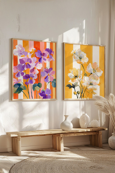 STARYUNA Wooden Framed Colorful Flower Themed Double Painting Set Yuna604