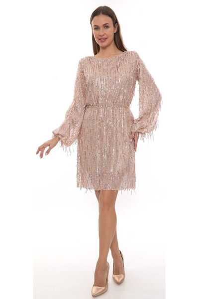 Hanife Glam Couture Hanife Glam bisiklet yaka Kemer detaylı saçaklı midi elbise