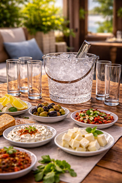 COCEM 6-Piece Rakı Glass Soft Drink Glasses and 960 Cc Crystal Ice Bucket Pre...