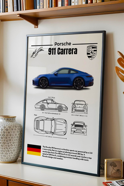 e2nova Porsche 911 Tablo - Teknik Özellikli Spor Araba Poster - Çerçeveli Duv...