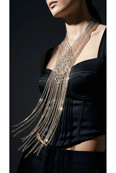 Dorvina Silver and Rose Gold Color Chain Embellishment Long P Tasseled Women'...