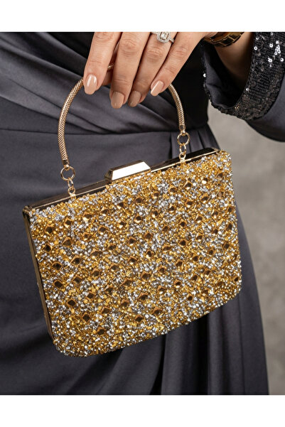 Çanta Trend Women's Stone-Embellished Handbag and Long Chain Strap Bucket Mod...