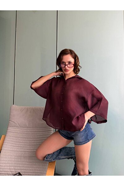 NEW JOURNAL Women's Burgundy Oversized Capri Sleeve Shirt Yel221818