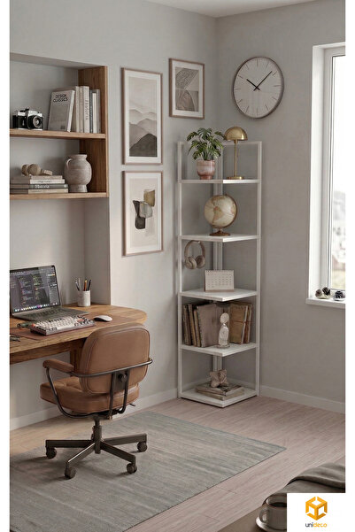 Unisoft Ella 5 Raflı Metal Köşe Kitaplık Rafı Dekoratif Aksesuar Rafı 180 cm