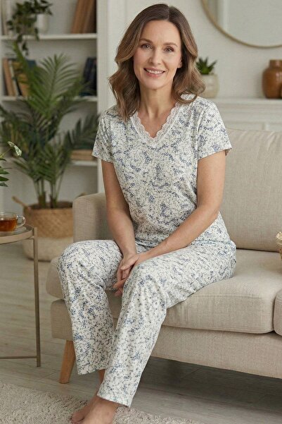 Niket Life Women's Patterned Lace Collared Short Sleeve Long Combed Cotton Mo...