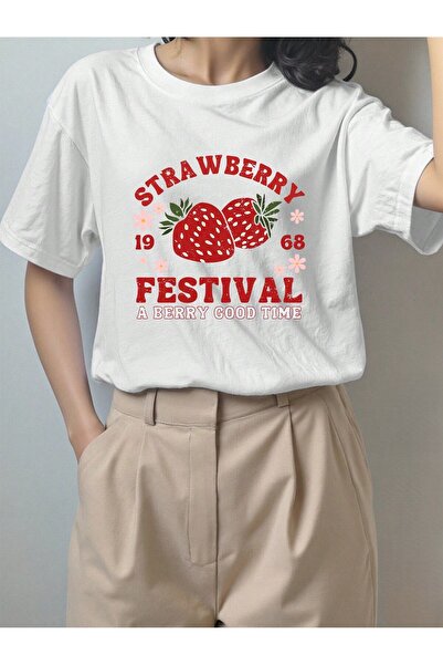 Velostra Tricou de damă din bumbac pieptănat, cu imprimeu căpșuni, supradimen...