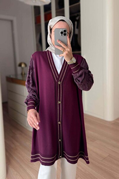 Ka Hijab Stripe Detail Silk Cupra Mercerized Cardigan - Plum