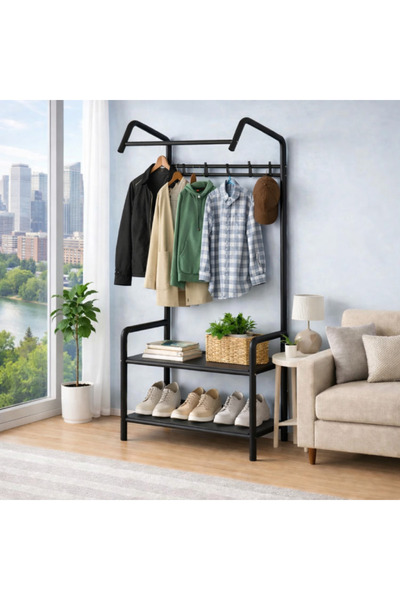 MODALITE 2 in 1 Clothes and Shoe Rack, Foldable Metal Stand, Hanger Bar, Black