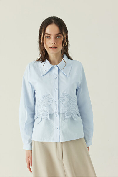 ZÜLAYS Gül Nakışlı Poplin Gömlek Bebe Mavisi