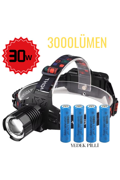 farissu 30W Ultra Güçlü Kafa Lambası (3000 Lümen) + 2 Adet Yedek Pil Hediye!