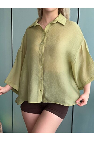 NEW JOURNAL Cămașă de damă verde ulei supradimensionat cu mâneci capri YEL221818