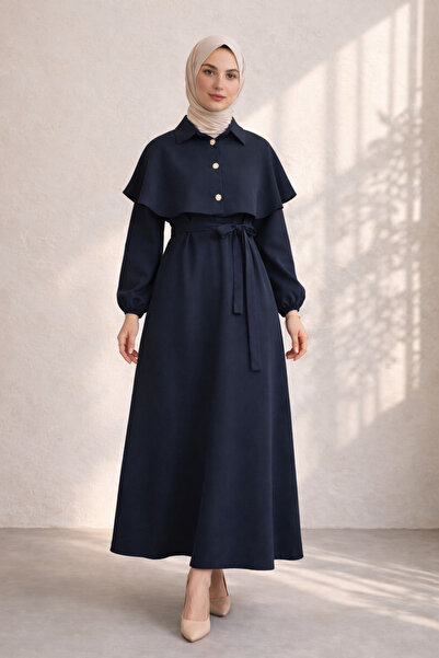 Kirazgym Women's Cape Detailed Belted Hijab Dress - Navy Blue