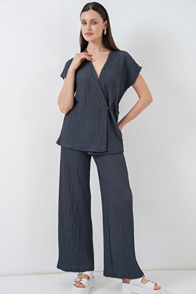 Hiccup Bdart Textured V-Neck Tie Detail Two-Piece Set