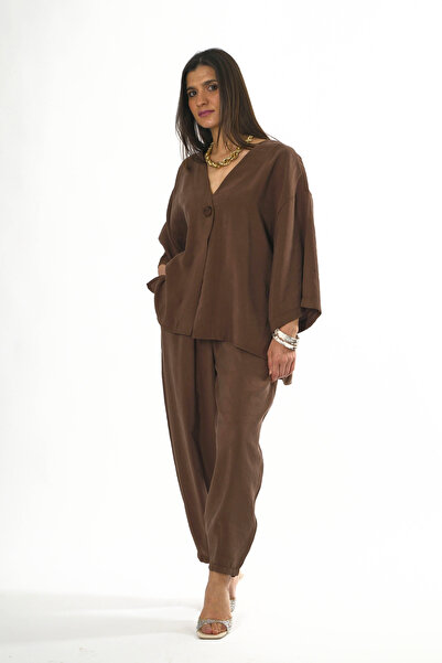 ABBRA Women's Single Button Elastic Waist Shalwar Trousers Set