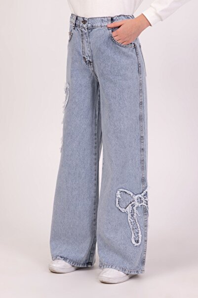 DMB BOYS & GIRLS Pantaloni din denim brodați cu panglică pentru fete, albaștri