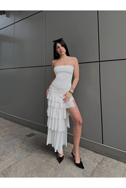 NEW JOURNAL Women's White Ruffle Detail Slit Strapless Maxi Dress Yel221820