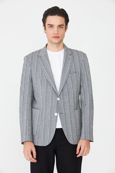 White Stone Gray Textured Striped Modern Cut Stylish Jacket