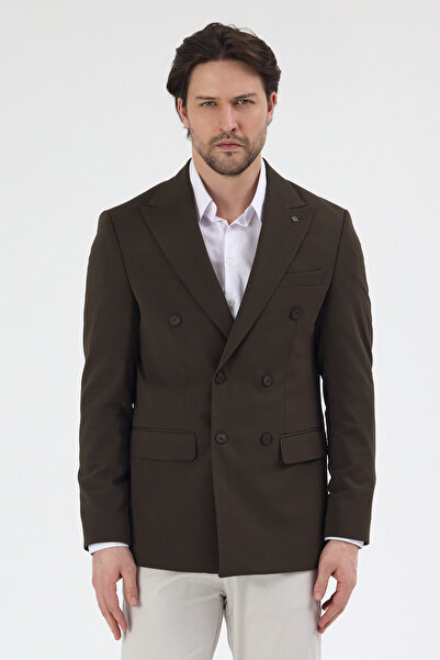 Frappoli Pique Men's Khaki Double-Breasted Pointed Collar Stretchy Poly Visco...