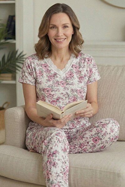 Niket Life Women's Patterned Lace Collared Short Sleeve Long Combed Cotton Mo...