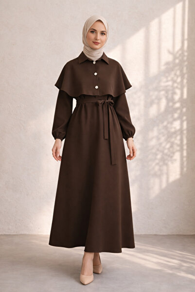 Kirazgym Women's Belted Hijab Dress with Cape Detail - Brown