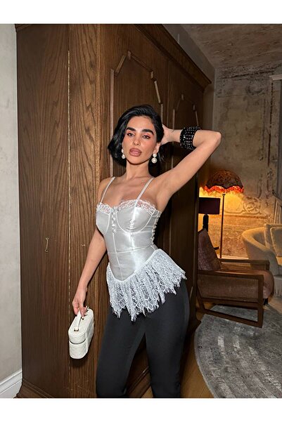 NEW JOURNAL Women's White Lace Detailed Corset Look Cropped Blouse Yel221804