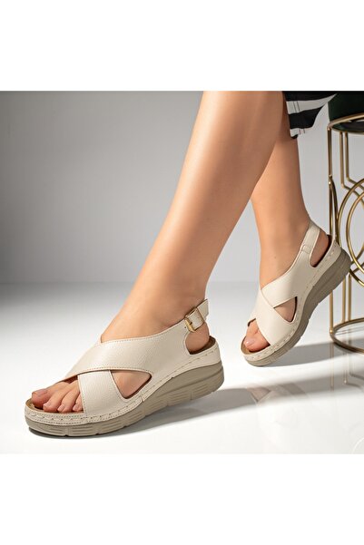 Modlet.ro Women's beige platform sandals with strap MOD13070