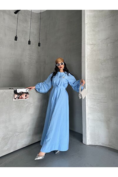 merve ada design Kadın Poplin Broş Detaylı Astarsız Uzun Elbise