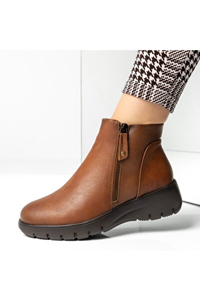 Modlet.ro Γυναικεία καφέ μποτάκια με χοντρή σόλα και φερμουάρ MOD14105