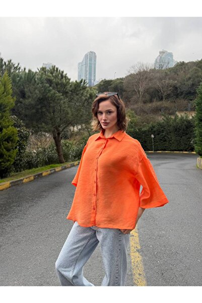 NEW JOURNAL Women's Orange Oversized Capri Sleeve Shirt Yel221818