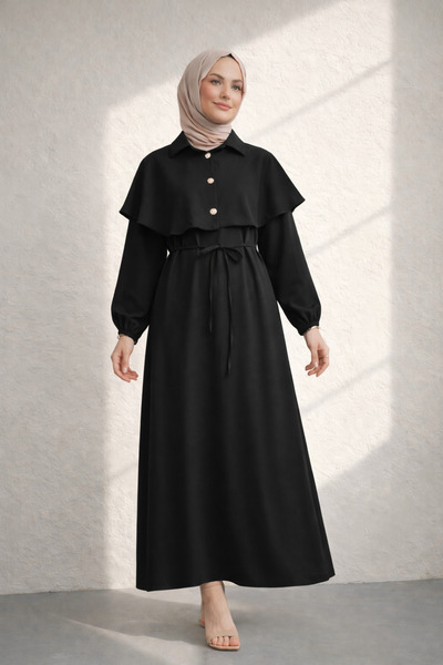 Kirazgym Women's Cape Detailed Belted Hijab Dress - Black