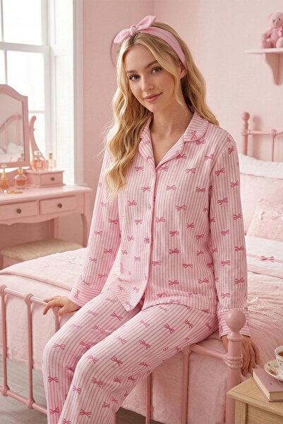 FİT WOMEN Pink Striped Ribbon Patterned Long-Sleeve Pajama Set 6069
