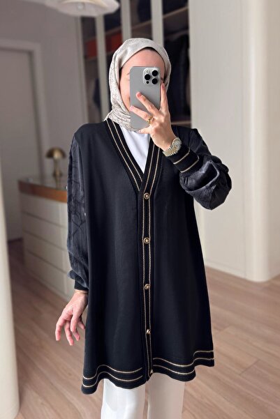 Ka Hijab Stripe Detail Silk Cupra Mercerized Cardigan - Black