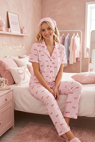 FİT WOMEN Pink Ribbon Patterned Short Sleeve Pajama Set 6064