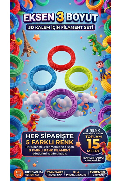 Eksen3Boyut 5 Renk 3 Metre 3D Kalem Filamenti - 15 Metre - 1,75mm Kalınlık - ...