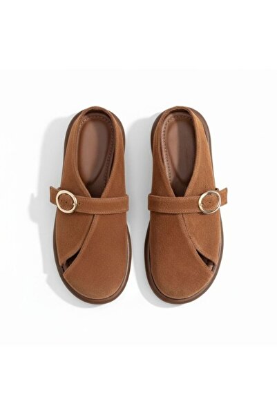 NE&VE SHOES Taba Süet Hakiki Deri Tokalı Kadın Günlük Rahat Sabo Terlik