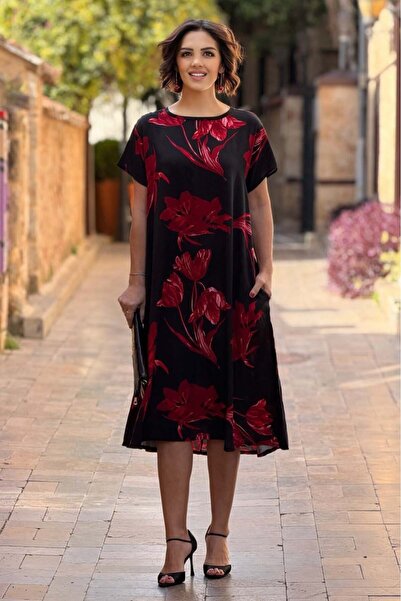 Nevin Kaya Moda Black Red Tulip Patterned Dress