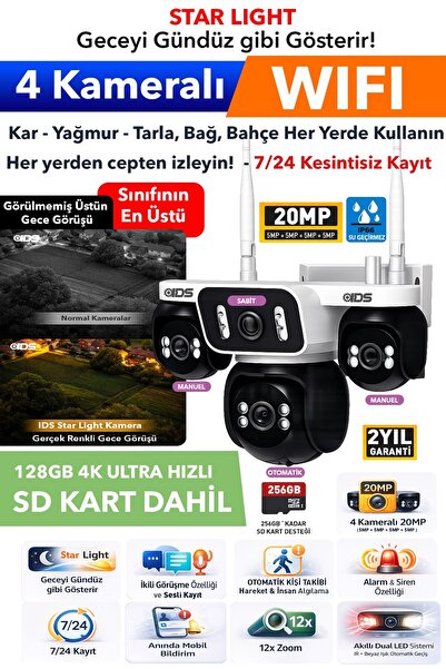 IDS 4 Kameralı WIFI Güvenlik Kamerası Ultra Renkli Gece Görüşü - Otomatik Kiş...
