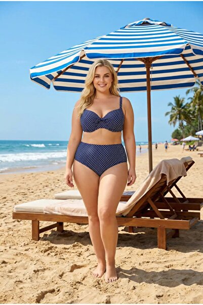 hazelin Γυναικείο σετ μπικίνι Πουά τεμαχίων σε σκούρο μπλε χρώμα με ψηλή μέση...