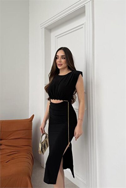 Neşeli Butik Women's Black Belted Low-Cut Chain Detail Slit Premium Midi Dres...
