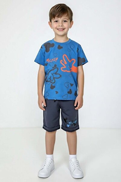 Riccotarz Boy's El Digital Printed and Teddy Bear Patterned Blue Shorts Set
